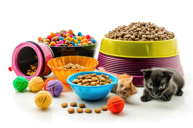 different pet supplies toys bowl dry food white background pet care training grooming 1235831 13793